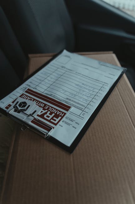 The image shows a close-up of a delivery parcel with a black clipboard resting on top. Attached to the clipboard is a white delivery note with red and black text and a barcode, indicating a fragile ha