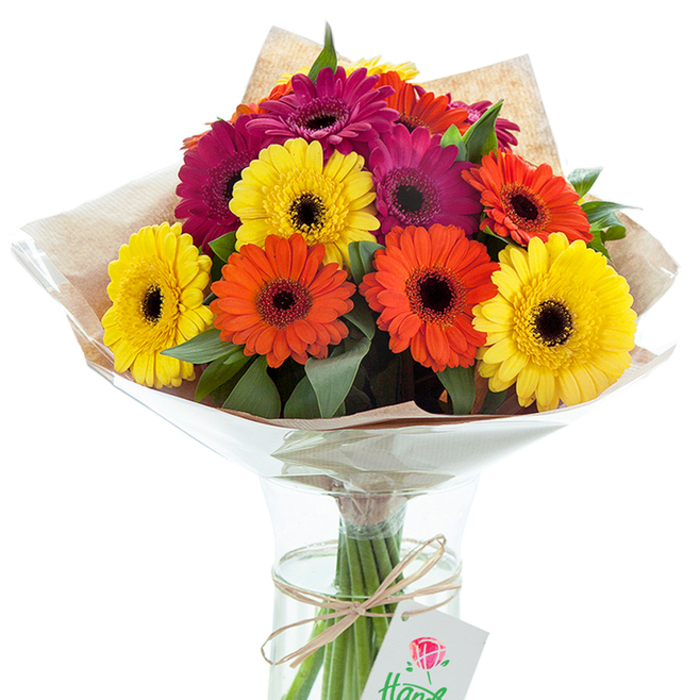 Positioned against a clean white background, this exuberant bouquet brims with the spirit of Bow's waterways and historic market lanes. Dominated by large Gerbera daisies in luminous yellow, warm orange, and vibrant magenta tones, each flower is unified by a deep, nearly black center that creates striking contrast. The arrangement is accentuated by fresh green foliage, thoughtfully placed to heighten texture and form. Wrapping the blossoms, a layer of rustic kraft paper and gleaming cellophane nod to classic London flower market presentations, while serving to protect and beautifully frame the bouquet. The clear, gently tapered glass vase reveals robust stems drinking clear water, a promise of lasting vibrancy. Around the vase's neck, elegantly tied natural twine suspends a white card adorned with a stylized red rose motif and a hint of handwritten text. This artisan bouquet, prepared with the detailed touch of Bow's experienced florists, evokes the feeling of a sunlit day strolling through E3's leafy parks. It's a visual celebration of joy and gratitude, perfect for birthdays, anniversaries, or simply brightening homes across Bow and the nearby Limehouse Cut.