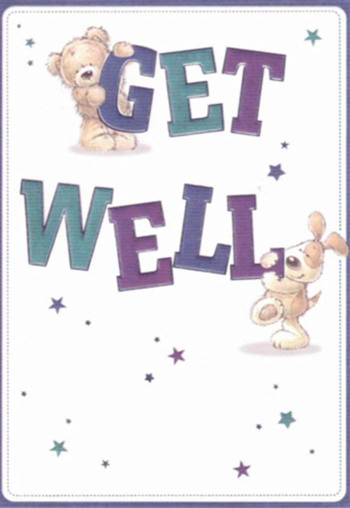 This illustrated get well card feels like a cosy storybook scene set in a bright Bow sitting room, where a teddy bear and a puppy take centre stage in cheering someone up. At the top of the card, the bear's round, slightly oversized head peeks above the stout capital letters spelling GET, both paws draped over the teal and deep purple shapes as though hugging the words themselves. The artist has suggested plush, snuggly fur with soft lines and subtle shading, so you can almost imagine the gentle give under your fingers. Anchoring the lower part of the card, a floppy-eared puppy leans against the word WELL, its tail tucked close and its expression tender and eager, as if determined to keep watch beside an ailing friend. The letters are broad and bouncy, painted in cool tones of indigo, aqua, and violet, with darker shading along the edges to create a three-dimensional effect, like foam shapes you might find in a child's room off Old Ford Road. Scattered all around the characters and text are irregular starbursts and twinkling flecks in soft blues and purples, which resemble little sparks of encouragement floating through clean, open space. The background itself is a smooth, pristine white, lending the whole design a sense of freshness and calm that feels particularly suitable for someone recovering at home or in a nearby Bow hospital ward. Even without any real flowers in the artwork, the card carries the same emotional intention as a thoughtfully composed bouquet: to comfort, to lighten the mood, and to wrap the recipient in a sense of gentle, sincere care that transcends age.