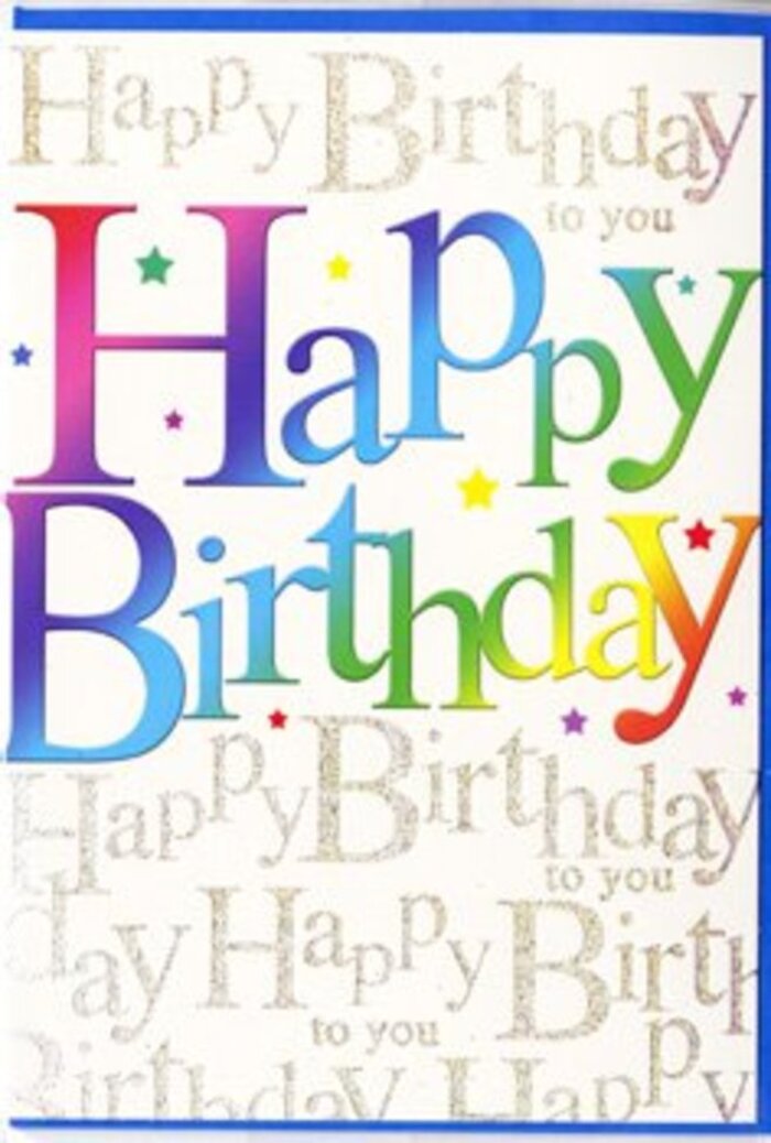 In this photograph, a striking birthday card stands neatly upright, its design radiating the kind of upbeat cheer that would feel at home at a Bow birthday gathering. The phrase Happy Birthday is printed across the middle in generous, rounded capitals, each letter washed in a rich gradient of colour that passes through crimson, magenta, royal blue, teal, emerald and warm yellow, like the changing shades of a festive fireworks display over the rooftops near Bow Church. The colours are smooth and velvety, with gentle highlights that make every letter seem softly illuminated. Behind this bold central text, the background is completely covered by repeating lines of elegant, handwritten-style gold script, all reading Happy Birthday to you. The writing weaves in loose, flowing loops from one side of the card to the other, creating a pattern that shimmers when the light hits it, reminiscent of sunlight catching the leaves in nearby Victoria Park. The metallic ink is fine and precise, giving the impression of luxury without overwhelming the main message. There are no extra illustrations-no balloons or cakes-so the focus remains on the interplay between the vibrant rainbow letters and the refined golden words beneath. The mood is celebratory but also quite thoughtful, perfect for someone who appreciates both colour and a touch of sophistication. It feels like the sort of card a Bow local might choose to accompany a bright florist's arrangement delivered to a birthday brunch off Old Ford Road, offering not just a simple greeting, but a vivid, memorable keepsake that echoes the joy of the day.