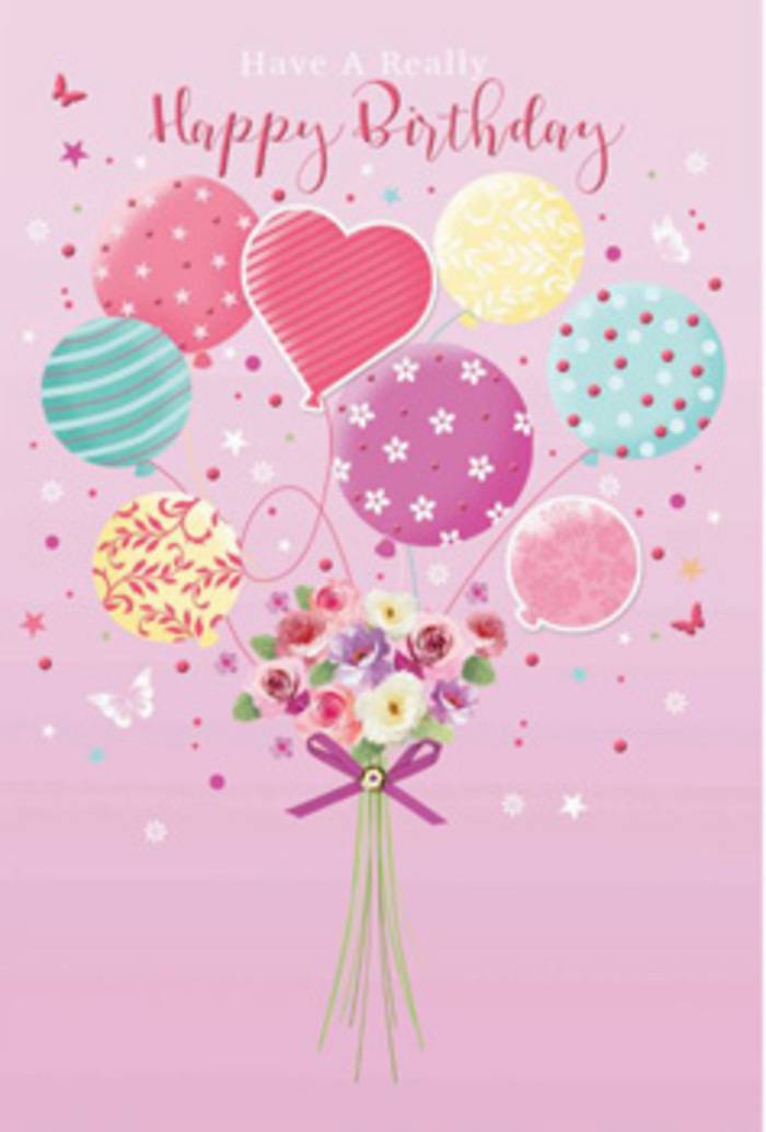 This birthday artwork shows a floating garden of balloons and flowers, the sort of design you might find on a card tucked beside a fresh bouquet delivered to a Bow doorstep. The background is a warm blush pink, like the sky just after sunrise over the canals, setting a gentle, celebratory tone. From the centre of the image, a small but lush bouquet rises upward, its stems tied carefully with a shimmering purple ribbon that catches every imagined ray of light. The flowers are dainty yet full, with petite roses and soft, daisy-like blossoms shaded from ivory to rose and dusky mauve, their velvet petals curling open as though they've just been misted by a florist. Above them floats a cluster of pastel balloons in pale sunshine yellow, rosy fuchsia, and lavender, their surfaces glossy and lightly reflective. Each balloon carries its own character: some adorned with swirling stripes, others sprinkled with happy polka dots or delicate floral motifs. A heart-shaped balloon nestles among them, a quiet symbol of affection at the heart of the birthday wish. Around the balloons and bouquet, tiny stars and butterflies drift, giving the whole composition a dreamy, suspended-in-time quality, like a daydream on a bench in nearby Victoria Park. The lighting feels soft and diffused, enhancing the tender hues and making the balloons appear almost weightless. Together, the flowers and balloons form a harmonious birthday message that whispers, rather than shouts, its joy-a design that feels personal and carefully considered, just like a hand-delivered birthday arrangement created for someone special in Bow.