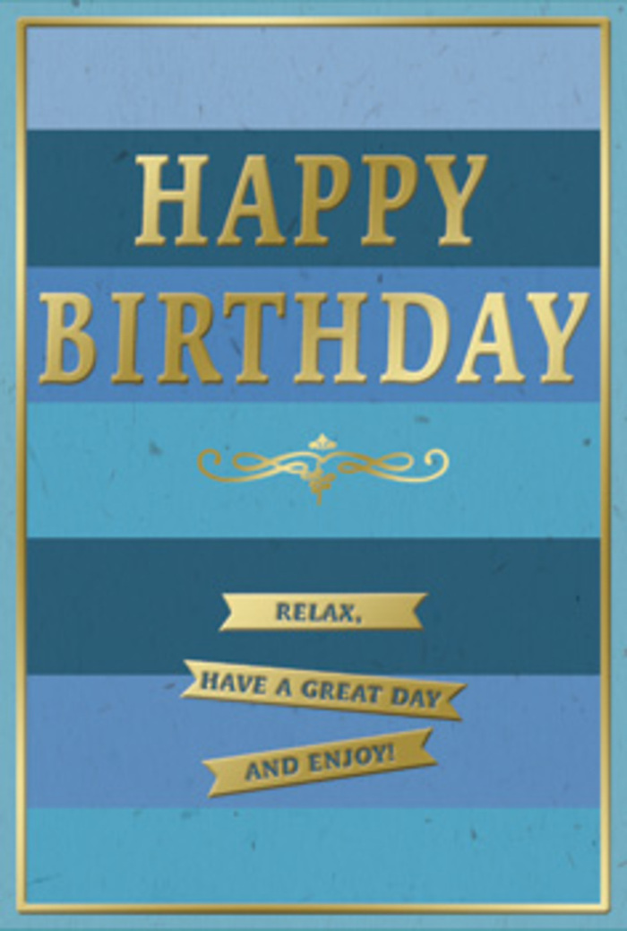 This birthday card presents a serene blue and gold composition, the kind of tasteful design a Bow local might choose to accompany a bouquet delivered to a friend off Tredegar Road or near Mile End Park. The surface of the card is divided into broad, horizontal bands of blue, each stripe melting softly into the next so that the colours resemble gentle waves or layers of evening sky. At the lower edge, the blue is almost navy, grounding the piece; as your eye travels upward, the hues gradually lighten into teal, cornflower, and delicate sky blue, creating an understated ombre effect that soothes rather than dazzles. Set against this tranquil backdrop, the words HAPPY BIRTHDAY stand proudly in the center, lettered in raised metallic gold. The font is bold but refined, each character carefully spaced so the message feels both important and calm, like a sincere toast shared at a small, intimate gathering. Just below, a graceful golden flourish stretches horizontally, its curved lines adding a touch of vintage charm. Under that flourish, three slim gold banners are stacked, each one embossed with a simple, uplifting sentiment: Relax, have a great day and enjoy! The gold foil has a subtle sheen that catches the light like the late afternoon sun on Bow's brick facades, while the blue card stock has a velvety matte finish that feels smooth to the touch. A narrow gold border runs around the edges, quietly framing the design and giving the card a gallery-like completeness. Paired with fresh flowers, this card offers not only birthday wishes but also an invitation to slow down, breathe, and savour a peaceful, happy day close to home.