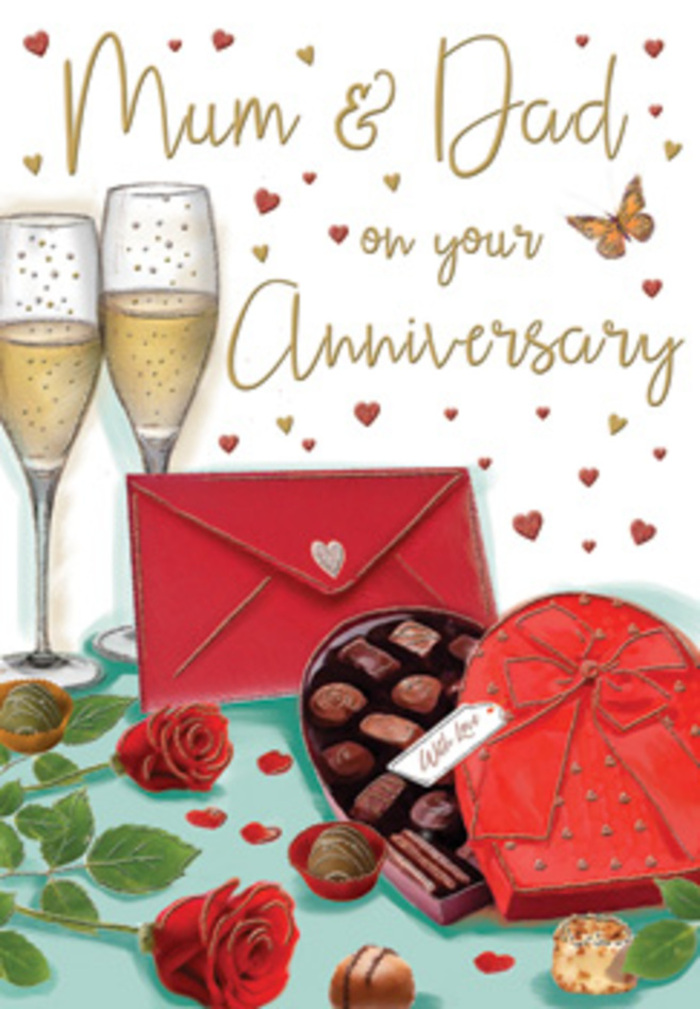 Detailed anniversary card illustration displaying a romantic tabletop scene, as if set in a cosy living room just off Mile End Park in Bow. In the foreground, plush red roses with full, layered petals rest diagonally across the image, their rich ruby tones contrasting beautifully with the glossy, deep green leaves that cradle them. The roses look freshly arranged, the kind a local florist might deliver just in time for an evening anniversary surprise. Slightly in front of the blooms sits a heart-shaped box of chocolates, its base a deep red and its lid adorned with a wide, lavish red ribbon tied into a perfect bow, the satin catching a gentle light. The box is open, showing rows of assorted chocolates, each one perfectly nestled in its own little compartment, their smooth and textured tops hinting at different flavours to be savoured together. Behind this, two slim champagne flutes stand close enough that their rims almost touch, both filled with pale, sparkling champagne. The bubbles are illustrated as delicate golden beads that drift upwards, giving a sense of movement and festivity, like a quiet toast at home in Bow after a walk along the canal. Around the composition, scattered red and gold hearts float softly across a warm-toned background, framing a sweet Mum & Dad message written in flowing, hand-lettered script. To one side, a rich scarlet envelope rests flat, neatly sealed, suggesting a handwritten note inside that holds memories and gratitude. The overall feeling is one of cosiness, warmth, and enduring love, captured through a harmonious mix of colour, gentle lighting, and carefully chosen anniversary details.