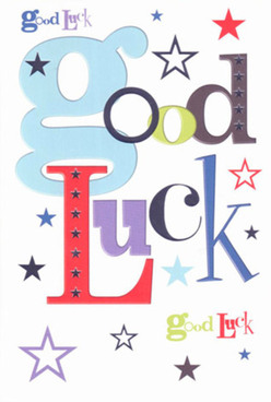 This vibrant good luck card, designed for the spirited folk of Bow, is a visual treat that channels both artistry and sentiment-its modern design echoing the creativity you might find in galleries on nearby Fish Island. The largest letter, a breezy baby-blue 'g,' sets the stage, its friendly curve playfully joined by strokes of bold red and deep purple. Scattered across a pristine white background, stars in inky blue, soft lavender, and luminous mint give the sense of a night sky above the Lea, dappled with possibility. Each element is carefully chosen, carrying echoes of a supportive voice from the community, as if all of Bow is rooting for your success. The card's smooth surface feels luxurious and substantial under the fingers, evoking the same satisfaction you'd find in a freshly crafted floral arrangement from the local market. This is more than a message-it's a tactile expression of support, perfect to deliver at milestones: a student heading off to Queen Mary's, a friend starting a business on Grove Road, or anyone in need of a boost. The design not only brightens the room but fosters a true sense of local connection and encouragement.