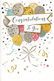 An elegant congratulations card is depicted, its front covered in a gentle cluster of celebratory balloons that look as if they've just risen from a joyful gathering somewhere between Bow Church and the lively streets around Roman Road Market. The balloons overlap in a loose bouquet, painted in soft metallic shades of gold, silver, champagne, blush pink, light blue, and misty grey, with each one finished in a different detail: tiny starlike flecks, delicate glittery dots, or graceful stripes that catch an imaginary light. They appear slightly translucent in places, giving a sense of depth and layering, while their fine ribbon tails curve and twist in shimmering strokes of gold and silver, like party streamers drifting downward. Across the centre of this floating arrangement, a white banner sweeps horizontally with a gentle curve, proudly carrying the words Congratulations To You in flowing, handwritten-style calligraphy that feels intimate and sincere. Around the edges of the design, small stars, confetti specks, and curved flourishes dance against a calm, pale background, adding sparkle and movement without distracting from the main message. The composition is balanced and airy, radiating warmth and joy, ideal for recognising a promotion, celebrating exam results, or cheering on a friend's success in the Bow area. Imagined next to a vase of fresh flowers on a kitchen table overlooking local streets, this card adds a stylish, festive note to any delivery, turning a simple gesture into a keepsake of shared celebration and pride.