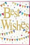 This Best Wishes card captures the mood of a cheerful Bow celebration, translated into clean lines and bright colour. At its heart, the words Best Wishes stretch confidently across the centre, written in a rich, metallic gold script that looks smooth and slightly raised, the kind of foil that would glint softly under a café lamp near Roman Road. The letters are rounded and flowing, with a friendly elegance that feels welcoming rather than formal. Cradling the phrase above and below, two graceful curves of bunting sweep from edge to edge, like strings of flags hung between lampposts before a neighbourhood street party. Each tiny flag is a neat triangle in vivid shades of red, blue, yellow, and green, with the occasional softer pastel or patterned pennant adding variety. Some of the colours have a suggestion of sparkle, hinting at glitter without overwhelming the eye, as though they catch tiny points of light. Scattered across the surrounding white space are small stars and dots, carefully placed to look like confetti drifting lazily to the ground after a joyful toast. The overall layout feels balanced and light, with plenty of white background keeping the design fresh and modern. It's easy to imagine this card tucked into a hand-tied bouquet delivered by Flower Delivery Bow to a flat near Bow Church DLR, marking a new job, a baby on the way, or simply wishing someone good luck on a new start. The design radiates friendly enthusiasm and gentle encouragement, making it suitable for almost any happy milestone or hopeful moment.
