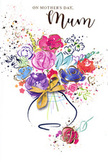 On this artistic Mother's Day card, a lively, watercolour bouquet bursts from the centre of the page, echoing the colourful flower stalls scattered around Bow and nearby Hackney Wick. Deep indigo outlines form the loose silhouettes of petals and leaves, framing lush cerise, hot pink, and magenta blooms that create a vivid heart to the arrangement. Around them swirl softer pools of lavender, sky blue, and peachy apricot, the pigments bleeding delicately together in places to create a dreamy, almost cloud-like effect. Fine lines and tiny specks of metallic gold dance across the petals and stems, similar to sunlight glinting off fresh flowers just delivered from the market. The bouquet rises from a simply drawn vase with gentle curves, its base subtly embraced by a golden suggestion of ribbon, like the final flourish a florist adds before handing over a finished gift. Small hearts and paint splatters hover at the edges, giving the impression of confetti or petals fluttering in a light spring breeze drifting through the streets around Roman Road. The white background keeps the focus firmly on the colour and movement of the florals, making the composition feel airy yet emotionally full. It conveys warmth, joy, and affectionate energy, much like presenting your mum with a hand-tied, locally chosen bouquet. Every brushstroke suggests care, from the confident indigo lines to the soft gold glimmers, resulting in an image that celebrates the enduring bond between mother and child through expressive colour and fluid, blooming forms.