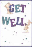 A whimsical illustrated get well card filled with gentle warmth, featuring two cuddly characters that look as if they've just wandered in from a child's cosy bedroom near Bow Road. At the top, a soft, honey-brown teddy bear with rounded paws and a kindly expression clings playfully to the word GET, its plush fur suggested with light shading and soft edges. Below, a floppy-eared puppy, all velvety cream and tan tones, leans affectionately against the bold word WELL, its nose tilted upward as if offering an eager nuzzle. The lettering is big, friendly, and slightly three-dimensional, shaded in rich indigo, deep purple, and teal, so the phrase Get Well feels almost sculpted, as if it's balancing in their paws. Around them, scattered starbursts in different sizes flicker in shades of blue, violet, and aqua, like little sparks of hope drifting through the air, reminiscent of the twinkling lights you see around Roman Road on winter evenings. The background is a clean, soft white, giving the scene plenty of breathing space and a sense of calm hygiene that feels especially comforting when someone is unwell. The overall composition is bright yet gentle, like a hand-tied bouquet chosen to soothe rather than dazzle, with every brushstroke placed thoughtfully to convey reassurance. It's easy to imagine this card propped beside fresh flowers in a Bow hospital room or a flat overlooking Victoria Park, quietly lifting spirits with its mix of innocence, playful energy, and heartfelt encouragement, turning a simple get well soon into a tender, visual hug.