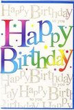 The image features a stylish birthday card whose design captures the feeling of a lively Bow celebration. Front and centre, the words Happy Birthday stretch in big, friendly letters, each character blending smoothly from one vivid colour to the next: deep red softens into rose pink, then slips into cool blue, leafy green and finally a mellow gold, as if painted from a palette inspired by the colourful stalls near Roman Road Market. A gentle sheen along the letter edges suggests a slightly glossy print finish, giving them a soft, almost touchable depth. Behind this bold greeting, the card's background is densely filled with rows of delicate gold cursive, repeating Happy Birthday to you in flowing, looping lines that drift diagonally across the card. Under natural daylight or warm indoor lighting, the metallic script catches little highlights, twinkling in the way streetlights glimmer along the paths by the River Lea in the evening. The design is uncluttered yet rich, with the contrast between the strong rainbow letters and the refined golden script creating a sense of layered celebration, like music and laughter overlapping at a party. This card would sit beautifully beside a bright bouquet ready for same-day delivery around Bow, from the streets by Mile End to the quieter pockets near Grove Hall Park, offering a heartfelt, visually joyful message that turns an ordinary birthday into a moment that feels carefully and lovingly marked.