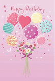 This illustrated birthday scene feels like a sweet surprise waiting on a Bow windowsill, blending flowers, balloons, and soft colour into one uplifting moment. Against a gentle pink background, a cluster of pastel balloons floats upward with easy, joyful energy. Each balloon shows off its own personality: one might swirl with candy-stripe ribbons in blush and lemon, another sparkles with tiny polka dots, while others bloom with playful floral patterns in teal, lavender, and rose. At the centre, a heart-shaped balloon glows softly, giving the composition a tender, affectionate focal point. Beneath this airy display, a compact hand-tied bouquet sits at the base, brimming with delicate roses and anemone-like blossoms in creamy ivory, powder pink, and muted mauve. Their petals look velvety and light, gently overlapping like the folds of a favourite satin dress, freshly opened as if just arranged by a local Bow florist before a same-day birthday delivery. A neat violet satin bow wraps the stems, its sheen echoing the shine on the balloons above. Tiny stars and butterflies are scattered around the composition, adding a hint of fairy-tale wonder that feels perfect for a milestone birthday or a child's celebration near Mile End or Old Ford. The overall lighting is soft and bright at once, making every pastel tone glow just a little more. It's a design that captures the feeling of a bright, unforgettable birthday-joyful but gentle, playful yet elegant, like a heartfelt card paired with a bouquet arriving right on time at a Bow doorstep.