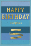 An understated yet luxurious birthday card is shown standing against a neutral background, its design built from tranquil blues and softly gleaming gold, reminiscent of a calm evening sky over Bow. The card's face is arranged in broad, horizontal stripes that shift gently from deep navy at the bottom to lighter, airy blues toward the top, forming a smooth gradient that leads the eye upward in quiet progression. Centered within this blue tapestry, the phrase HAPPY BIRTHDAY is embossed in metallic gold, the letters tall and confident but not overpowering, giving off a warm, subtle shine when the light moves across them. Just beneath the main greeting, a fine golden flourish curves in elegant loops, like a delicate piece of scrollwork you might notice on an old Bow doorway. Below this flourish, three neat gold banners are lined up, each featuring a portion of the heartfelt message: Relax, have a great day and enjoy! The wording is simple yet soothing, echoed by the calm colour palette. The gold foil on the letters and banners is slightly raised, adding a tactile contrast against the smooth, matte blue card stock, which feels sturdy and well-crafted, much like the considered arrangements local florists prepare for same-day birthday delivery around Bow and the nearby Roman Road Market. A slim gold frame outlines the entire design, tying the elements together with a sense of order and completion. Visually, the card suggests quiet celebration and thoughtful intention, perfect for someone who prefers a gentle, refined birthday greeting that offers both warm wishes and a reminder to take time for themselves.
