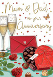 Illustrated anniversary card scene evoking the warmth of a shared celebration for parents in Bow, arranged like a still life on a polished tabletop. The focal point is a set of luxurious red roses, their velvety petals intricately shaded from deep crimson to soft ruby, nestled against lush green leaves that curve naturally around them. Just in front, an open heart-shaped box of chocolates takes centre stage, its rich red exterior trimmed with gold and crowned by a sweeping, satin red bow, as if recently untied in anticipation. Inside the box, neat rows of chocolates in different shapes and finishes invite sharing, their glossy surfaces suggesting silky ganache and nutty centres. Behind this indulgent detail, two tall champagne glasses stand close together, each filled with pale golden fizz; tiny bubbles rise in fine streams, catching the light like evening reflections on nearby Bow waterways. Small red and gold hearts drift across the softly coloured background, adding a playful sparkle that surrounds a tender Mum & Dad inscription rendered in a friendly, handwritten style. On one side of the scene, a vivid scarlet envelope lies slightly angled, sealed with a discreet heart motif that hints at a personal, heartfelt message tucked inside. The lighting feels warm and intimate, with soft highlights along the glass and ribbon, giving the whole composition a gentle glow reminiscent of a quiet anniversary dinner at home. The card's imagery blends romance, comfort, and gratitude, much like presenting fresh roses and a card together for same-day anniversary delivery across Bow.